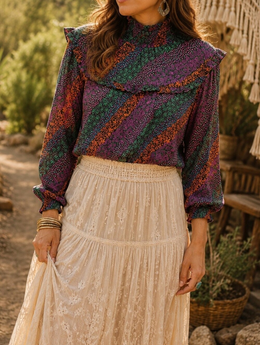 FRNCH Paris Purple Floral Printed Ruffle Blouse Green Orange Stripe Long Sleeve
